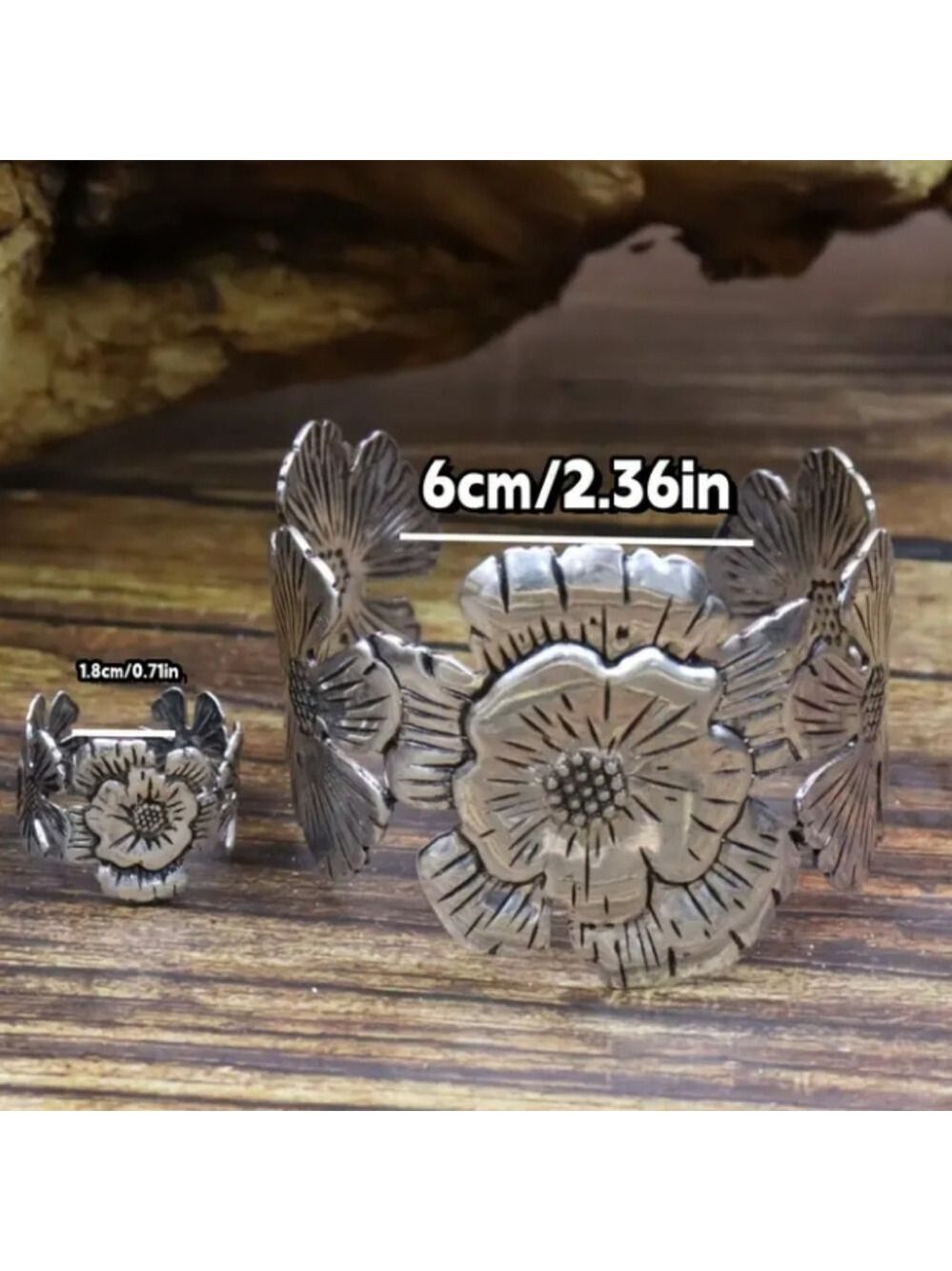 Silvertone Floral Cuff Bracelet and Ring Set - Picture 5 of 5